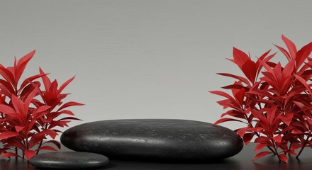 Black stone podium surrounded by vibrant red foliage against a neutral grey background studio shot