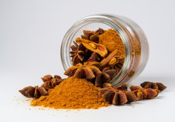 Star anise and turmeric powder spilling from a glass jar on a white surface in a studio shot