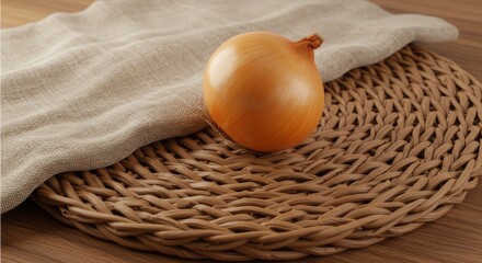 A single yellow onion resting on a woven placemat with a beige cloth draped beside it on wood surface