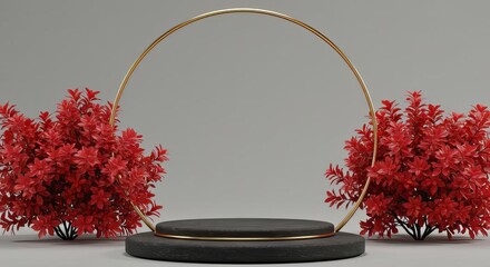 Black podium with golden ring and red foliage against a plain gray studio background display scene