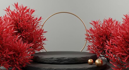 Black stone podium with gold ring and red leaf plants for product display and golden sphere accents