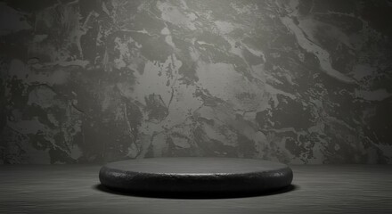 A dark gray stone platform against a marble textured wall illuminated by a soft spotlight effect