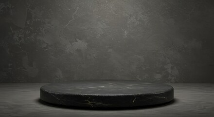 A dark marble podium against a dark gray textured background for product presentation and display use