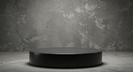 A black circular platform against a textured gray wall and floor backdrop in studio lighting