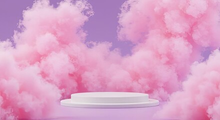 White podium surrounded by pink clouds on a purple background in a studio setting for product display