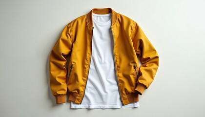 Mustard yellow bomber jacket, white crew neck t-shirt. Casual outfit for men. Menswear apparel. Trendy, vogue fashion garment with fabric texture. Perfect wear for urban lifestyle, streetwear style.