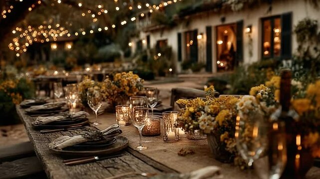 Rustic Charm: An Outdoor Wedding Reception with Vintage Decor and Ambient Lighting
