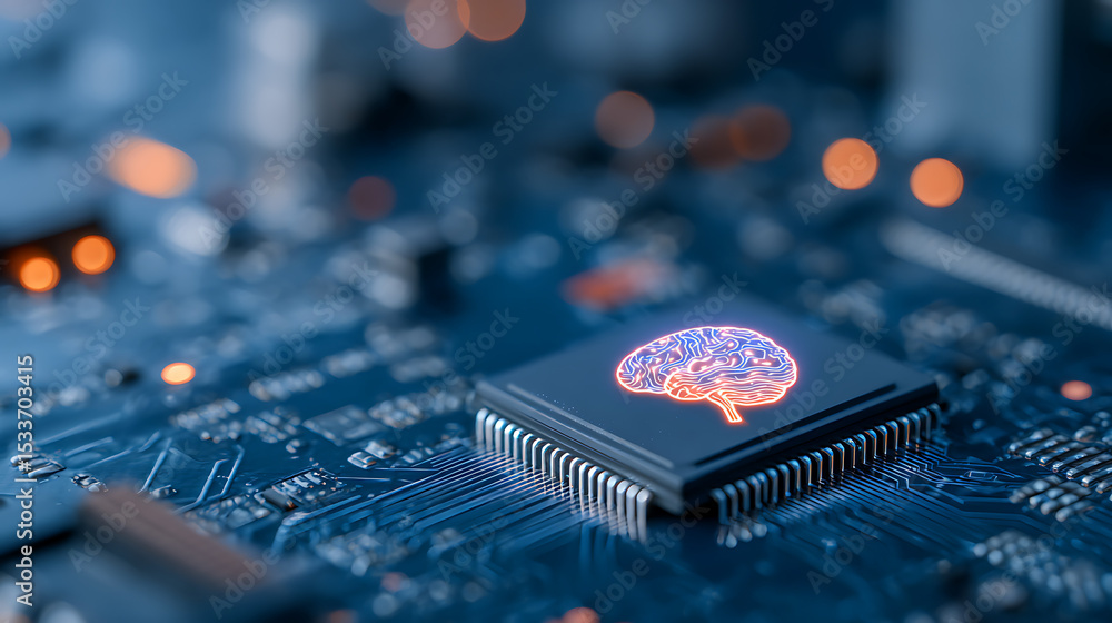 Poster 3d rendering of artificial intelligence hardware concept. glowing blue brain circuit on microchip on