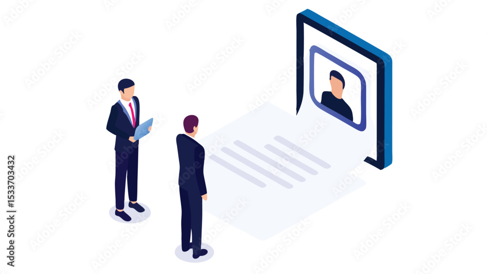 Poster isometric view of two businessmen looking at a digital cv on a large screen with a portrait image