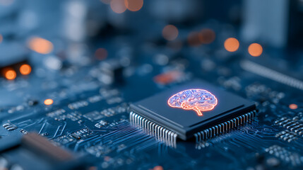 3D Rendering of artificial Intelligence hardware concept. Glowing blue brain circuit on microchip on computer motherboard. For stock trading financial management or technology product backg 76256859 1