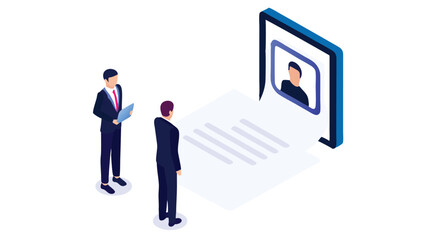 Isometric view of two businessmen looking at a digital cv on a large screen with a portrait image