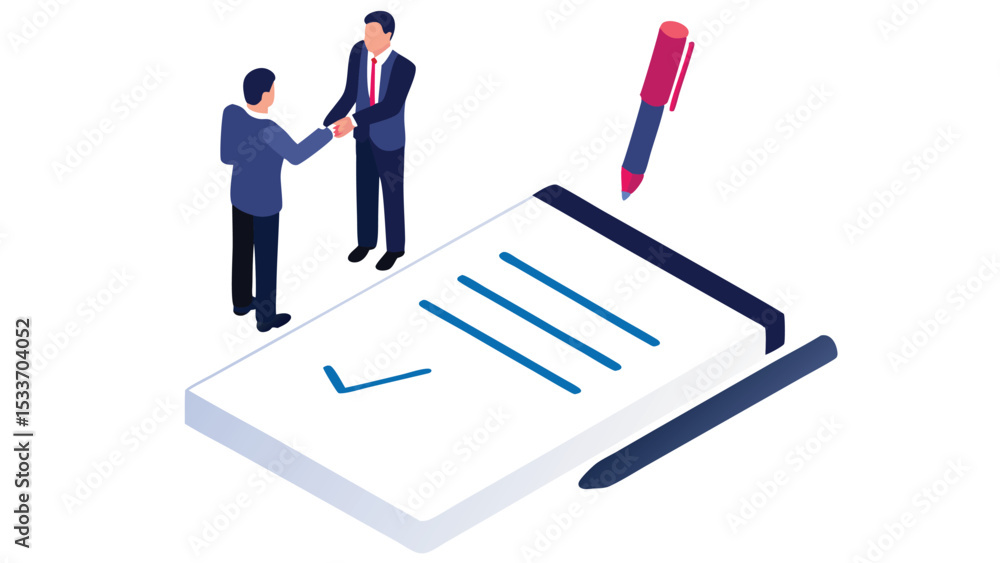 Poster isometric view of two businessmen shaking hands over a contract with pen and check mark visible