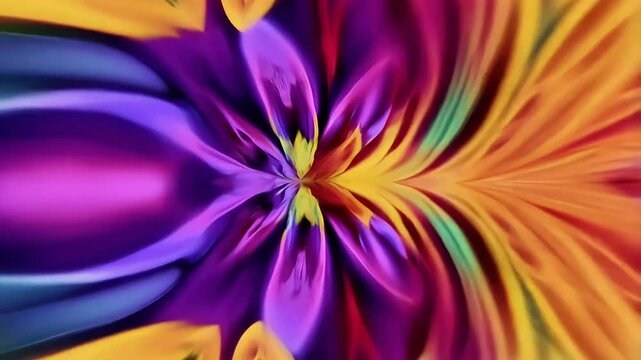 Vibrant, psychedelic swirls of color morph into a fast-moving, mesmerizing kaleidoscopic animation of abstract floral shapes