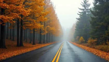 Obraz premium Paved road through autumnal forest. Trees with yellow foliage, wet road with marking lines on fall day. Misty sky background. Travel, journey, tourism, countryside nature scenery.