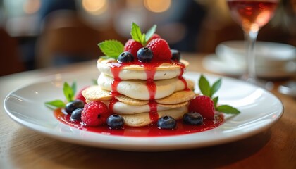 Delicious dessert with layers of pancake-like biscuits, cream, fresh berries, red sauce. Dessert served on white plate. Restaurant decor, beautiful bokeh lights. Food photography concept, restaurant