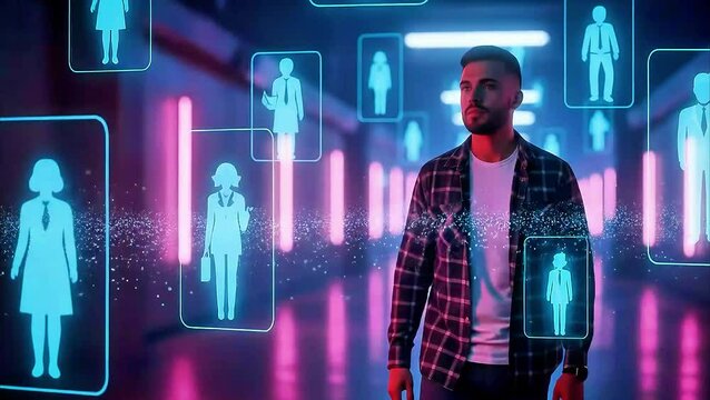 A man considering options of employee to hire through digital interfaces 