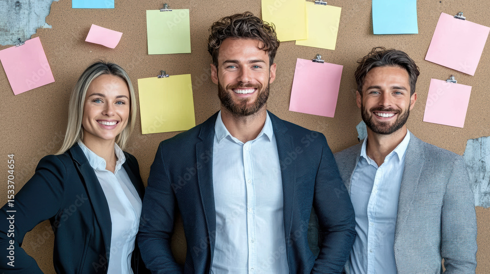 Poster professional team smiling in front of brainstorming wall with colorful notes