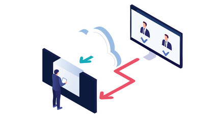 Isometric view of a man using a tablet with cloud data transfer to a screen with two profile icons