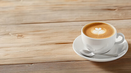 Warm cup of coffee with heart shaped latte art sits on white saucer, creating cozy atmosphere