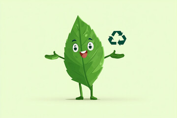 eco-friendly leaf mascot promoting recycling and sustainability. Ideal for themes such as eco-friendliness, recycling, environmental education, sustainability campaigns, and green branding projects