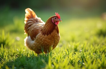 Fototapeta premium Golden brown hen stands tall green grass. Domestic bird on free range farm, rural life. Organic poultry farming, sustainable eco lifestyle. Happy chick, farming business, food production.