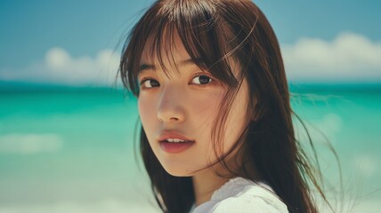 海の背景と美女のポートレート