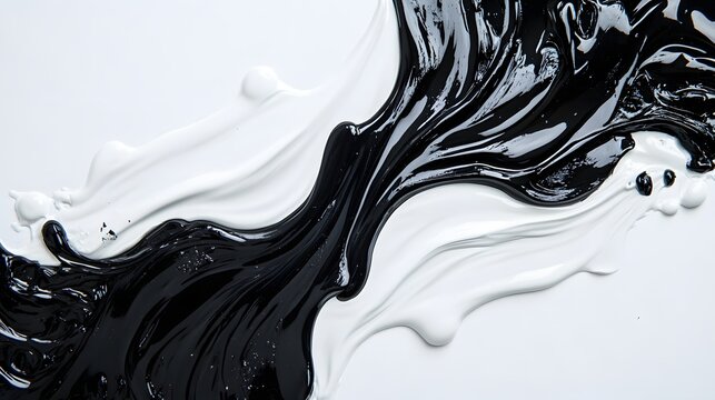 Black and white acrylic paint flowing in wave shapes on clean white background