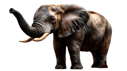 Fototapeta premium African elephant standing in full side profile, trunk lifted upward, ears and tusks visible, isolated on transparent background