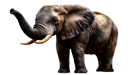 African elephant standing in full side profile, trunk lifted upward, ears and tusks visible, isolated on transparent background