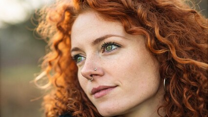 Close Up of Ginger Haired Woman With Nose Piercing Looking Confident and Calm Suitable for Lifestyle Magazine Covers