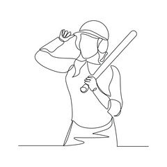 Continuous line drawing of female baseball professional player athlete holding baseball stick and wearing helmet and uniform. Vector illustration single line sketch editable stroke