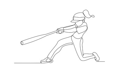 Continuous line drawing of female baseball professional player athlete holding baseball stick and wearing helmet and uniform. Vector illustration single line sketch editable stroke