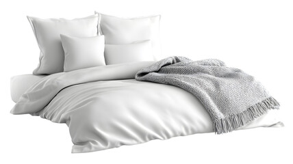 Luxurious bedding arrangement featuring crisp white sheets pillows and a cozy grey throw blanket perfect for relaxation and comfort