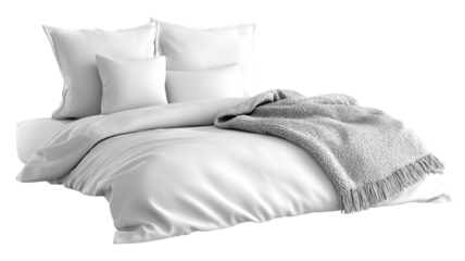 Luxurious bedding arrangement featuring crisp white sheets pillows and a cozy grey throw blanket perfect for relaxation and comfort