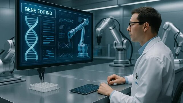 Biotechnologist Programming Lab Robots for Gene Editing in Futuristic Laboratory

