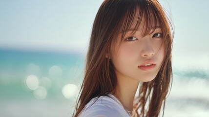 Fototapeta premium 海の背景と美女のポートレート