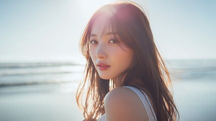 海の背景と美女のポートレート