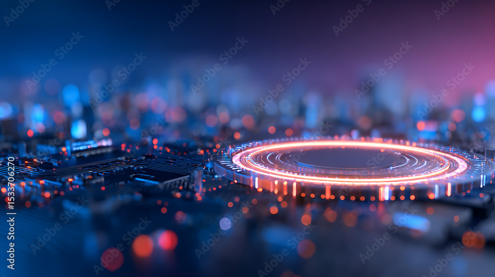 Poster 3d rendering of abstract technology product display background. glowing sci-fi circle circuit hud on