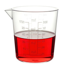 Transparent plastic measuring cup with red liquid and clear measurement markings transparent PNG