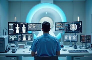 Medical pro operating MRI scanner, viewed from behind multiple screens. Displays human body scans. Diagnostic tech equipment in control room for medical analysis. Patient healthcare. Modern advanced