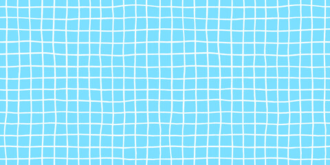 Check seamless pattern grid hand-drawn lines creating a playful background with blue square and wavy doodle textured stripes, perfect for cute designs and modern decor in vector crayon illustration.