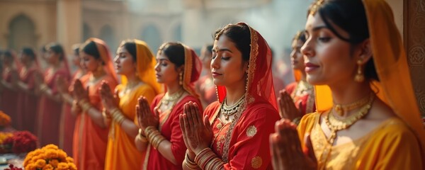 Indian women in traditional clothes praying. Hands clasped, eyes closed. Devotion, faith. Traditional religious ceremony. Indian culture, spirituality. Hindu women in colorful sarees, jewelry, ritual.