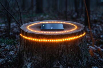 Solar-powered tree stump WiFi router with glowing annual ring LEDs, sustainable technology blending nature and connectivity in night exposure