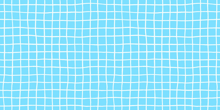 Check seamless pattern grid hand-drawn lines creating a playful background with blue square and wavy doodle textured stripes, perfect for cute designs and modern decor in vector crayon illustration.