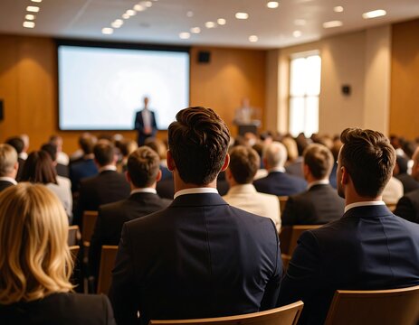 Attentive Audience Listening to a Business Presentation in a Modern Conference Room