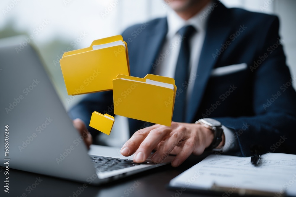 Poster person business suit using laptop with floating yellow file folders indicating digital organization 