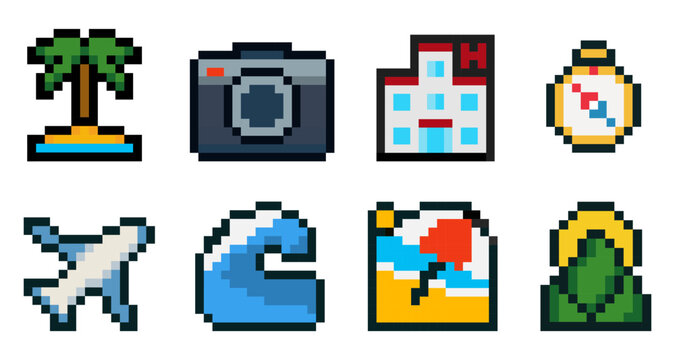 Set of 8 colorful pixel art icons related to travel, palm tree, photo camera, hotel building, compass, airplane, ocean wave, beach with umbrella and mountain with sun. Ideal for retro games, travel