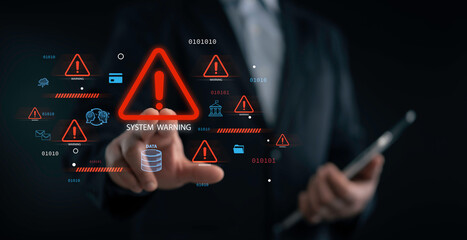 System warning with red alert icon digital data threat detection cybersecurity failure AI glitch interface risk signal futuristic HUD error system disruption technology breach