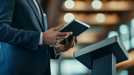 Businessman using tablet at a podium, preparing for a presentation.