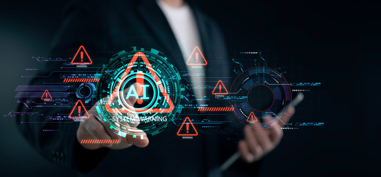 AI system warning interface with alert symbol digital glitch system failure cybersecurity breach risk detection error analysis red warning triangle futuristic HUD advanced automation interface